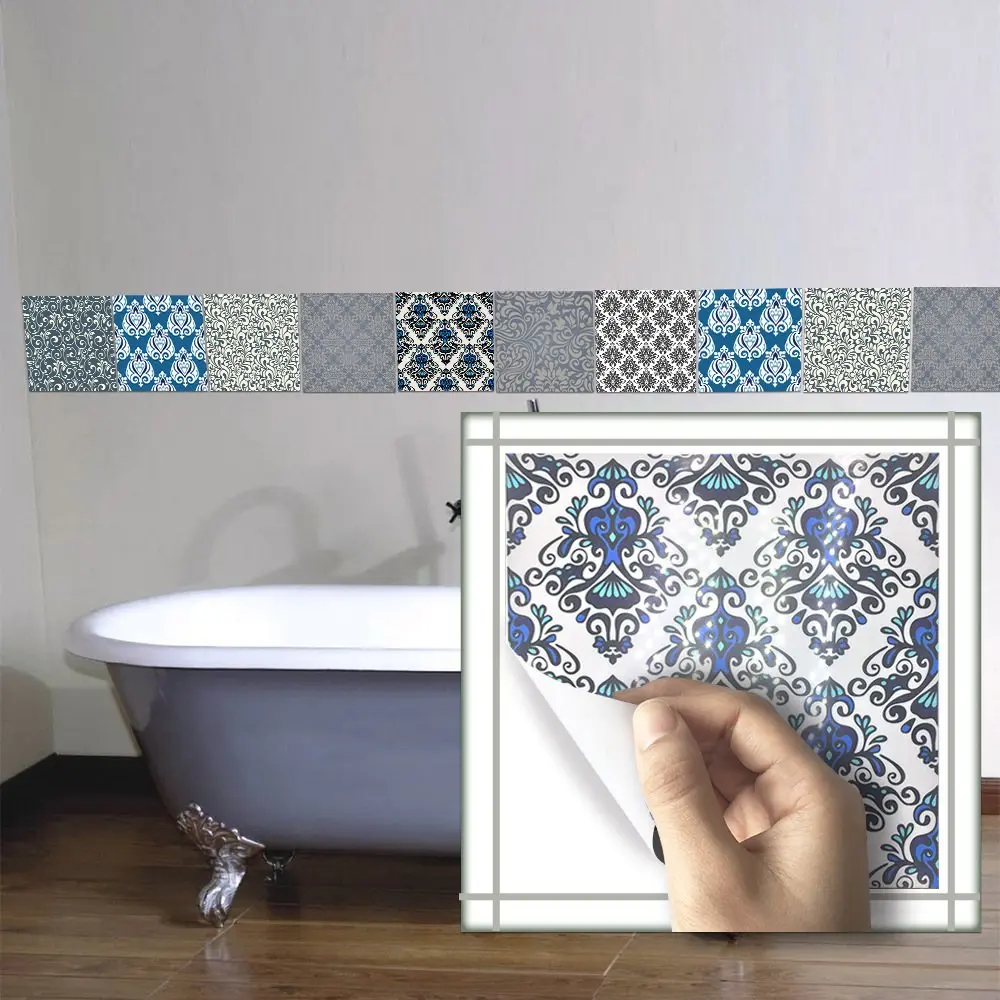 10pcs/set DIY Wall Tiles Stickers Damascus Waterproof Paste Pearl Film Waterproof Kitchen PVC Wall Stickers Home Decor