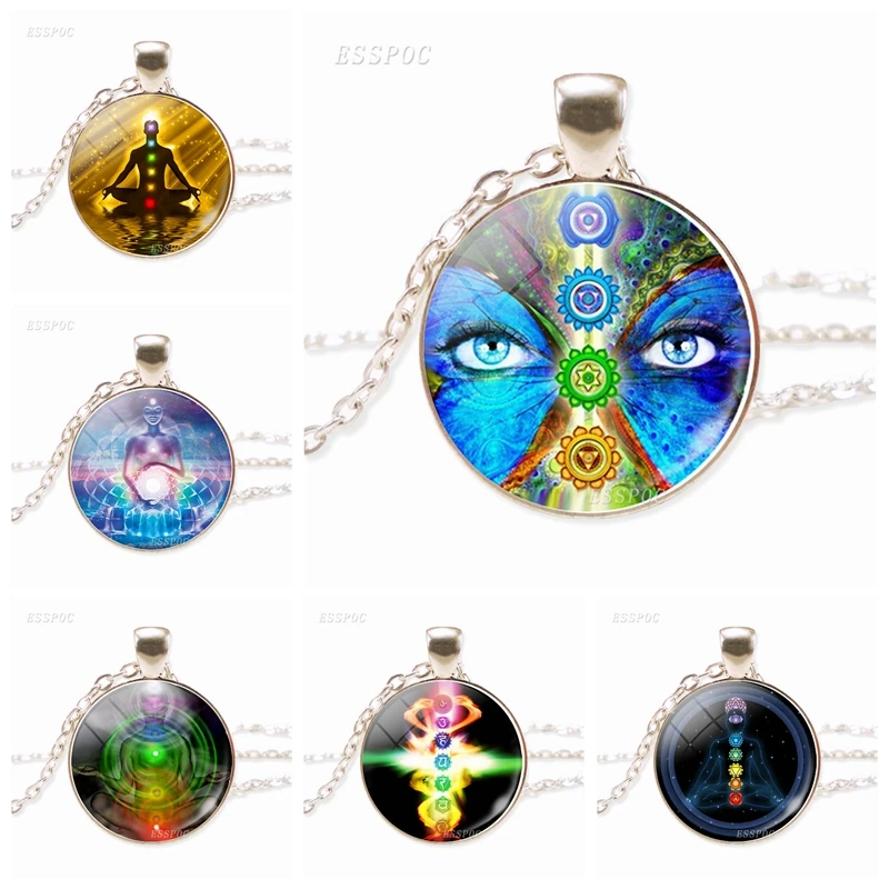 

Seven Chakra Glass Cabochon Silver Plated Necklace Yoga Jewelry Reiki Healing Spiritual Jewelry Necklaces for Women