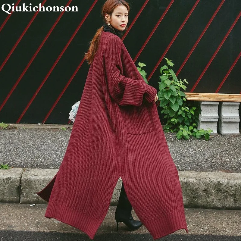 Günstige Vintage Koreanische Lange Strickjacke Frauen 2018 Herbst Winter Mantel Taschen Slit Lange Hülse Plus Größe Dick Gestrickte Pullover pull femme