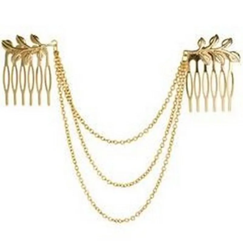 

2019 Hot Womens Personality Golden Tone Leaf Hair Cuff Chain Comb Headband Hair Band Hot Hair accessories Wholesale