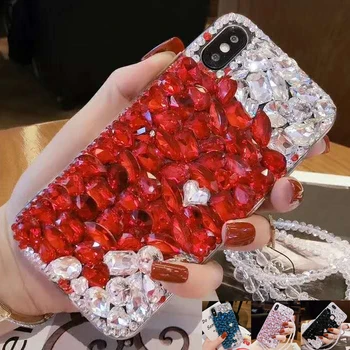 

Sunjolly Bling Red Rhinestone Case Blue Crystal Diamond Phone Cover Shell coque fundas capa for Huawei Honor 6X V9 V10 6C 9 Lite