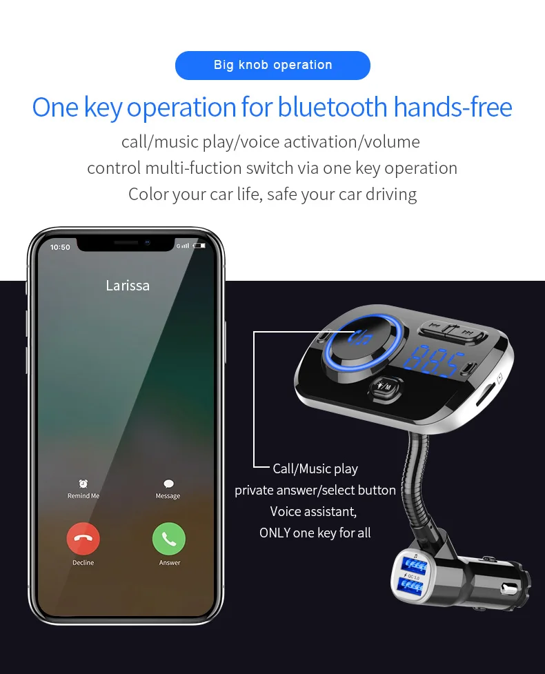 JINSERTA Bluetooth V5.0 Wireless FM Modulator Connect 2 Phones Car MP3 Player 3.5mm AUX play Support TF USB Pendrive Music QC3.0