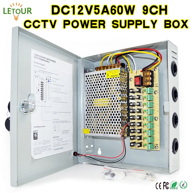 9CH DC 12V 5A CCTV Power Supply Box 60W Camera Centralized Power AC