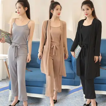 

Spring New Set Of Temperament Yangyang age-old Vest Vest Long Knit Cardigan Wide Leg Pants High Elastic Loose Thin Three-piece