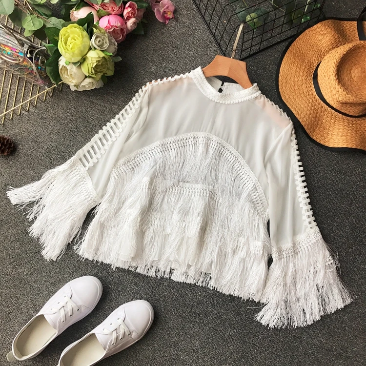 

Women 2018 New Korean Stitching Tassel Flare Sleeves Casual Chiffon Shirts Lady Elegant White Black Solid Color Blouse Tops C288