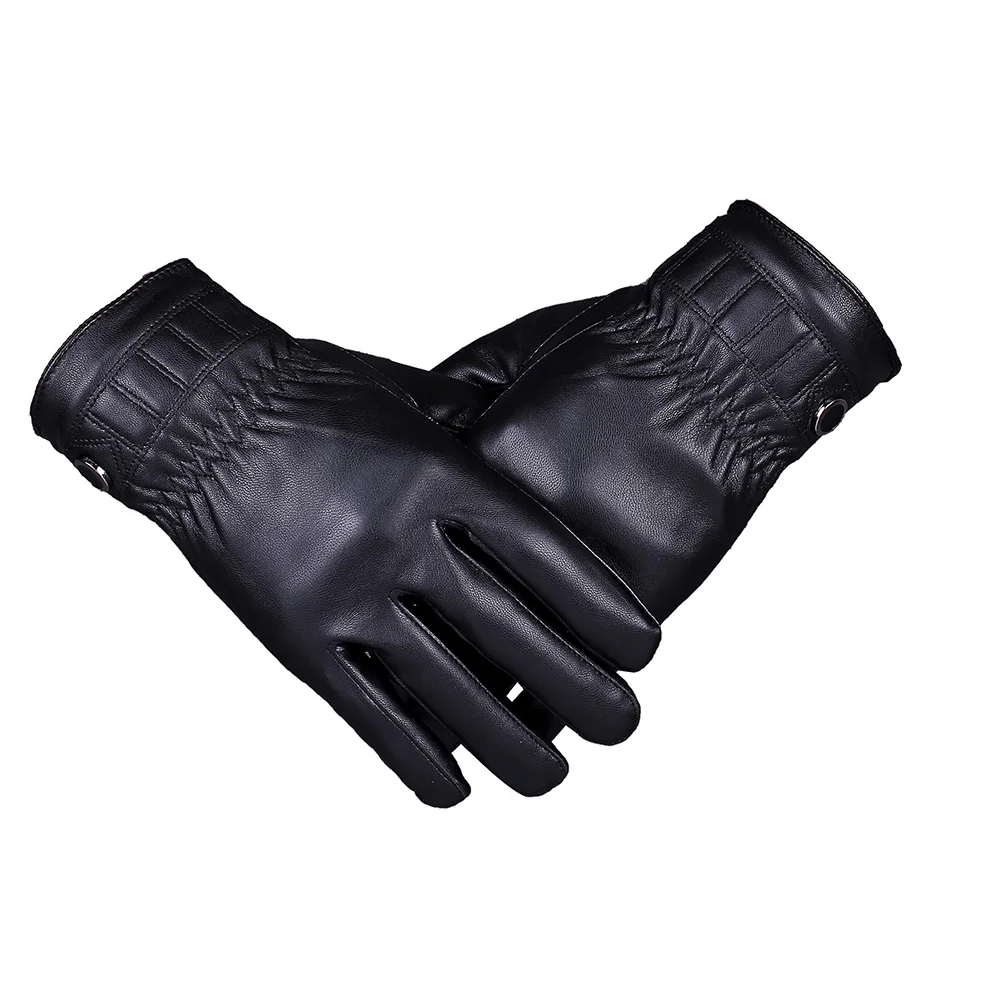 

Winter Warm Men's Leather Plus Velvet Thickened Gloves XL Full Finger Wrist Screen Sense Windproof Men PU Mittens Gloves A0388