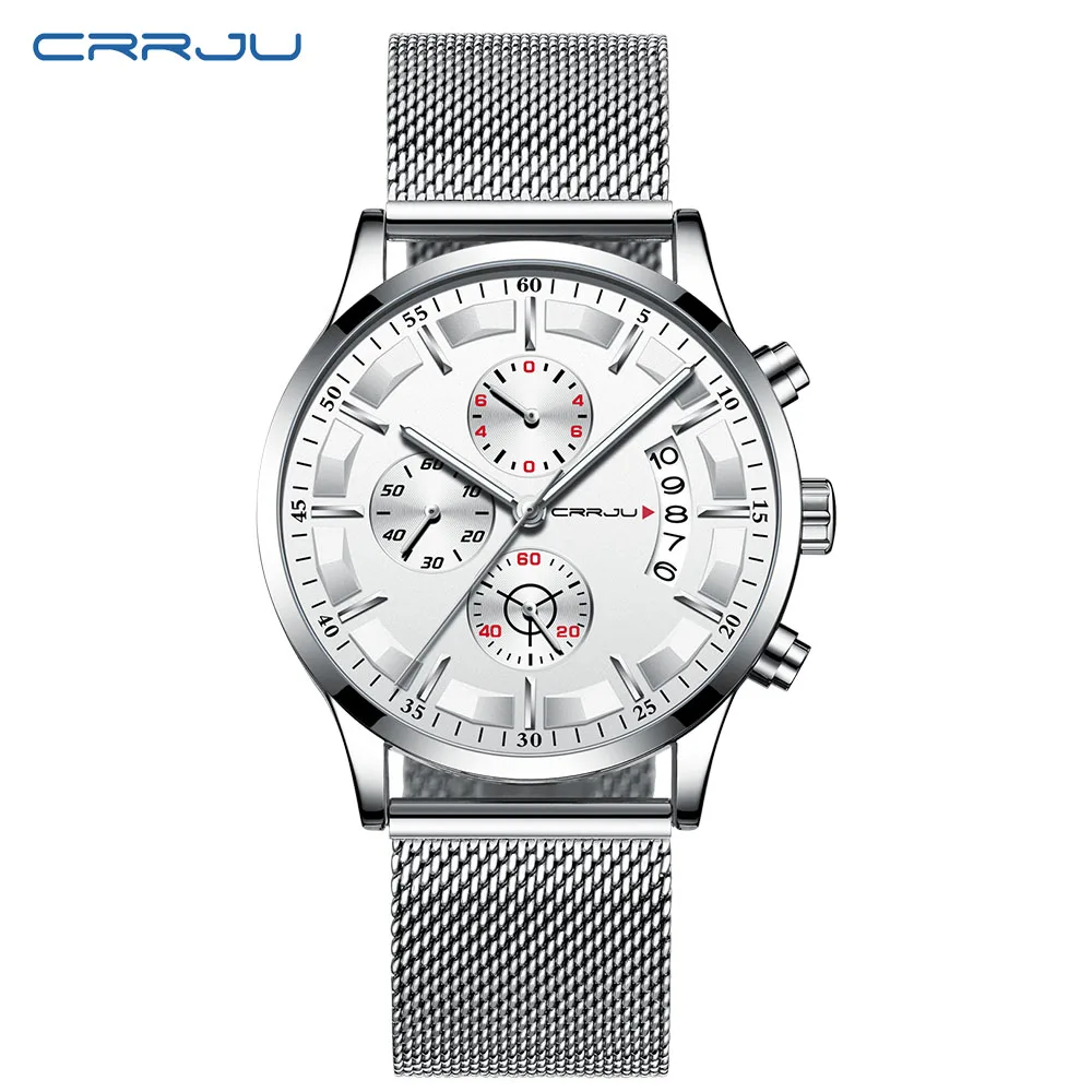 Новая мода CRRJU Топ Бренд роскошные часы для мужчин бизнес повседневное нержавеющая сталь хронограф кварцевые наручные часы relojes hombre - Цвет: mesh silver white