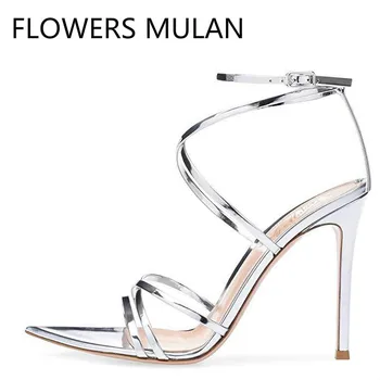 

Shiny Leather Black Silver Color Women Gladiators Peep Toe High Heels Summer Sandals Ankle Strap 2019 New Designers Ladies Shoes