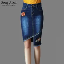 Новинка года; Лидер продаж; женская джинсовая юбка в европейском стиле; сезон весна-лето-осень; Женская Асимметричная юбка до колена с вышивкой; большие размеры