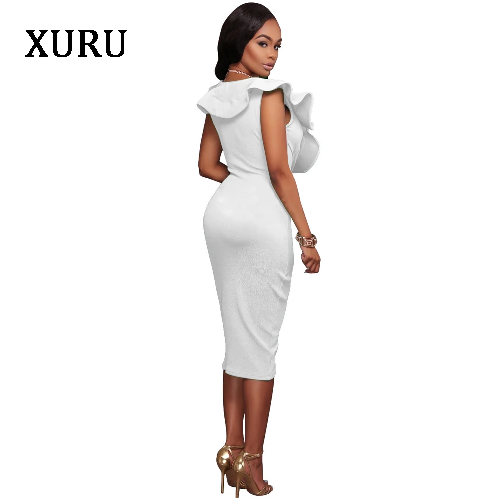 XURU черное, белое, синее женское платье, сексуальное, с v-образным вырезом, с рюшами, длиной до колена, с разрезом, одноцветное, облегающее платье,, летнее женское платье без рукавов