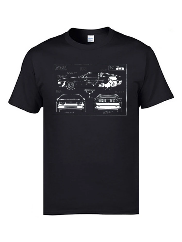Funny Men New Design Summer Tees O-Neck Father Day Pure Cotton Top T-shirts Geek Short Sleeve Tops T Shirt Drop Shipping Back to the Future DeLorean blueprint 1393 black