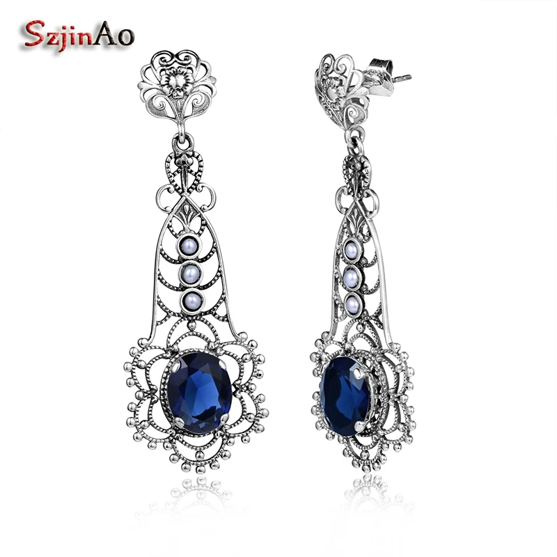 

Szjinao Charms Sapphire Long Earrings Real 925 Sterling Silver Bridal Drop Stones for Women Flower Shape Vintage Party Jewelry