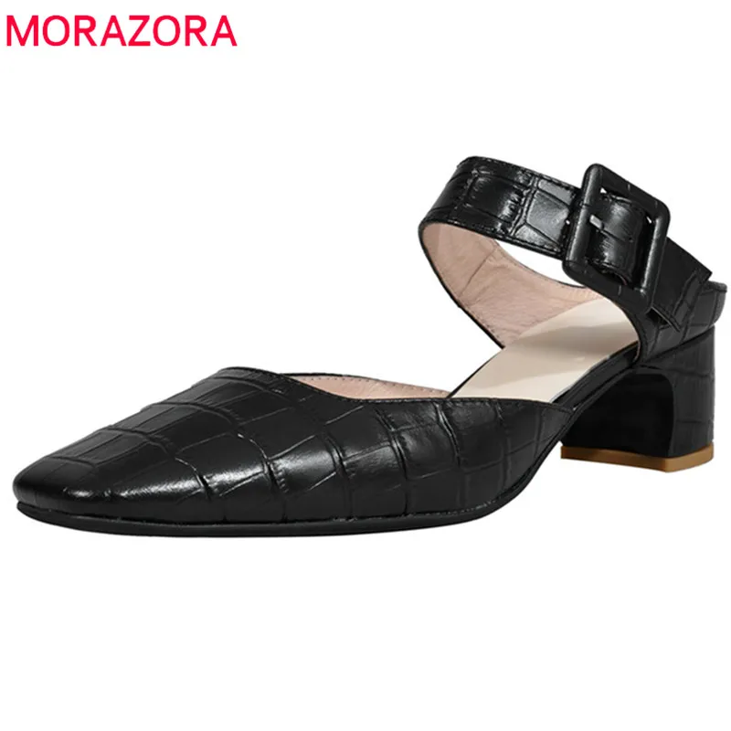 

MORAZORA 2019 top quality genuine leather mules shoes woman square toe buckle party prom shoes fashion simple women pumps