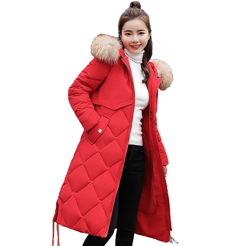 

Winter down cotton jacket women parkas long coat fashion Fur collar Hooded tops female Plus size Thick warm Cotton-padded jacket