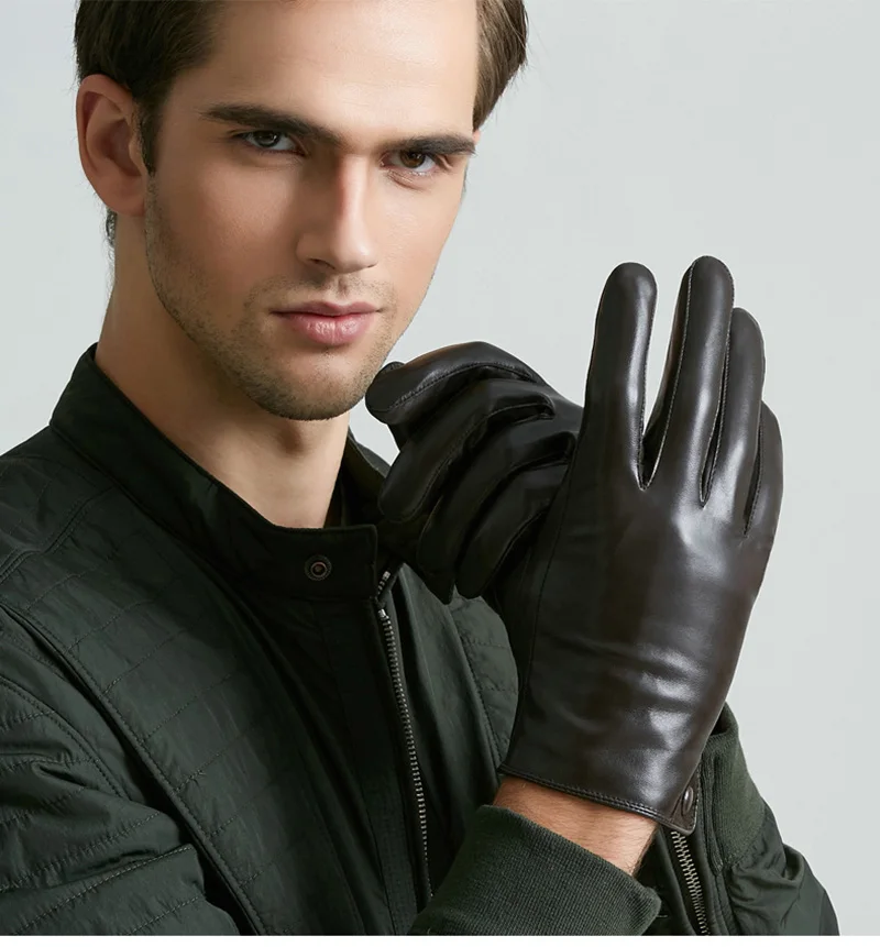 Men's Fashion Genuine Leather Gloves Thin/ Thick Plush Winter Warm Sheepskin Full Finger Touch Screen Driving Gloves Mittens L75