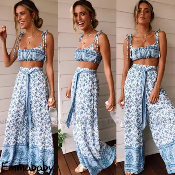 

Stylish Simple Women Blue Floral Print Clothes Sets Sling Wrap Chest Short Tops and High-waist Lace-up Wide-leg Pants S-XL