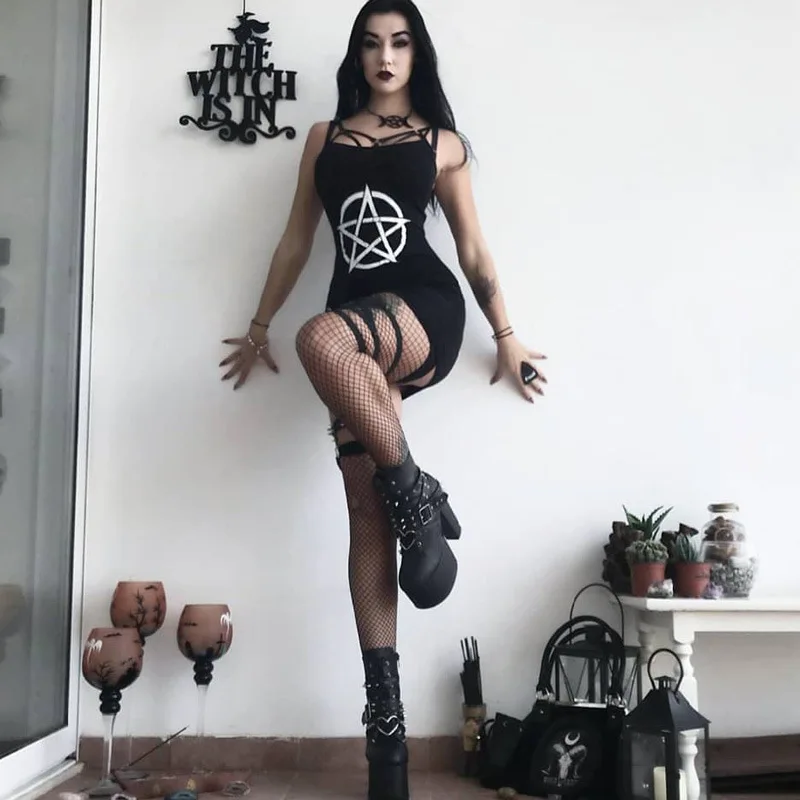 RAISEVERN Sexy Mini Dress Women Summer Gothic Darkness Pentagram Printed Punk Girl Streetwear Club Straps Bodycon Short Dresses