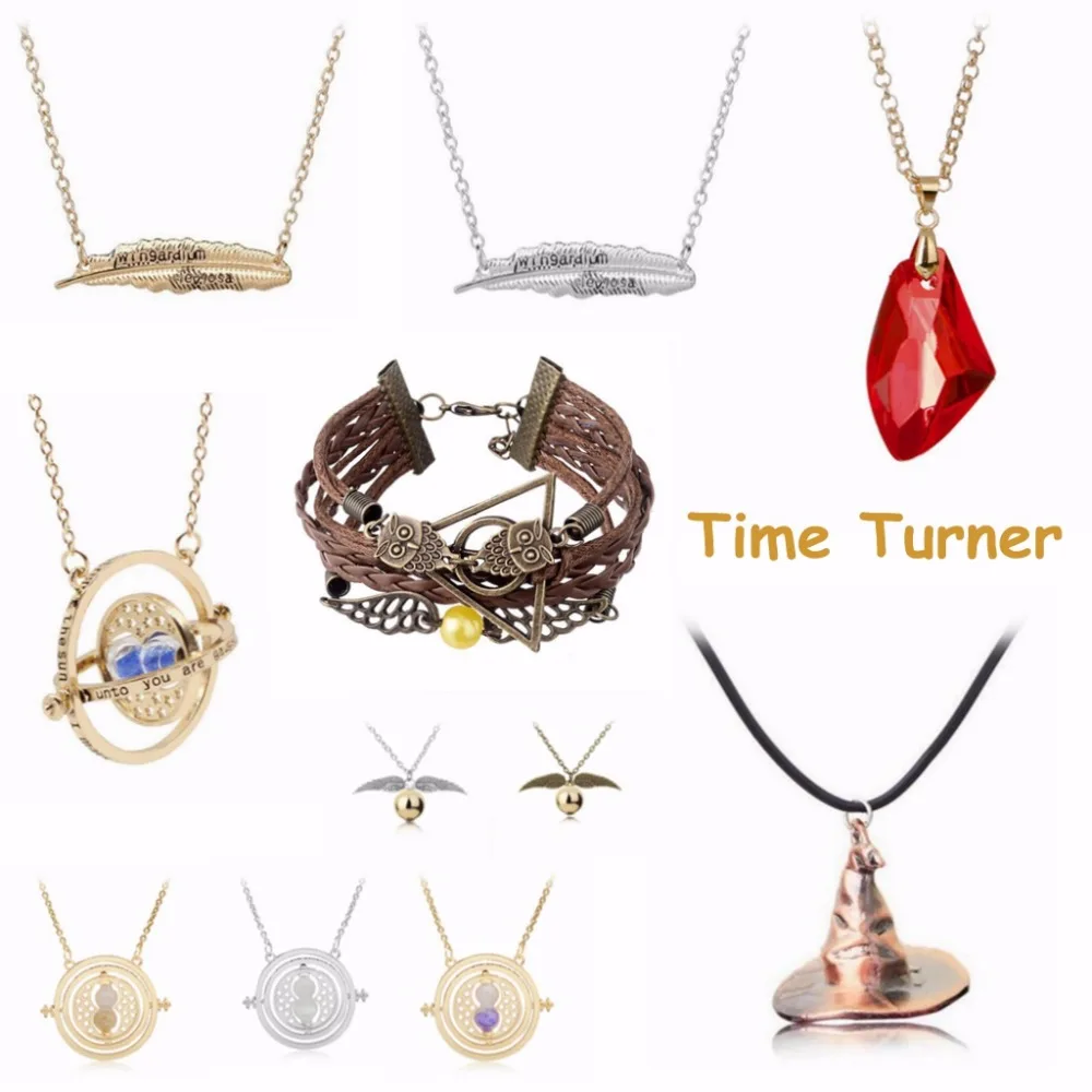 

2019 Potter Time Turner Hourglass Necklace Magic Wand Keychain Hermione Magic Red Stone Golden Snitche Death Hallow Bracelet Toy
