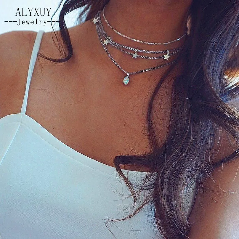 

New Boho Jewelry Multi Layer Beaded Choker Necklaces for Women Sexy star CRYSTAL Pendant Vintage silver color Necklace N0163