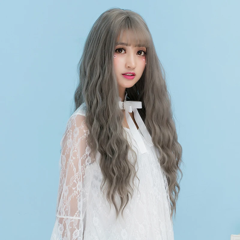 

Lolita 75cm Long Curly Light Gray Anime Party Hair Cosplay Full Wig Heat Resistant With Bang+Wig Cap H765243N2
