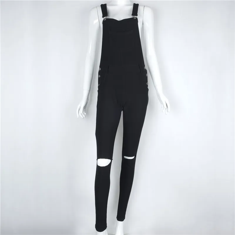 2017 Spring Womens Denim Overalls Solid Jumpsuits Office Casual Hole Pocket Sleeveless Jumpsuits Pencil Pant Real Photo