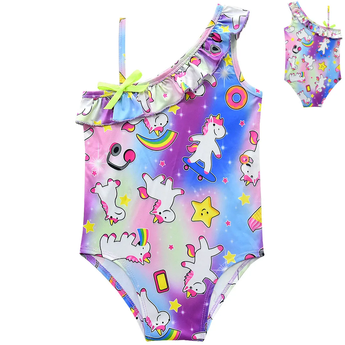 

2019 Girls Swimsuit One-shoulder Ruffle Swimwear 3-12years Girls Unicorn Swimwear Children's Swimwear Bathing Suits G48-8036