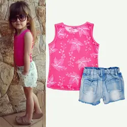 Летний комплект стильной одежды для девочки розовый цвет открытый жилет и джинсовые шорты комплект модной детской одежды одежда для