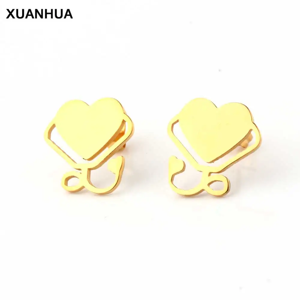 

XUANHUA Wholesale Stainless Steel Heart Stethoscope Earings Fashion Jewelry Brincos Jewellery Stud Earrings For Women Jewelry
