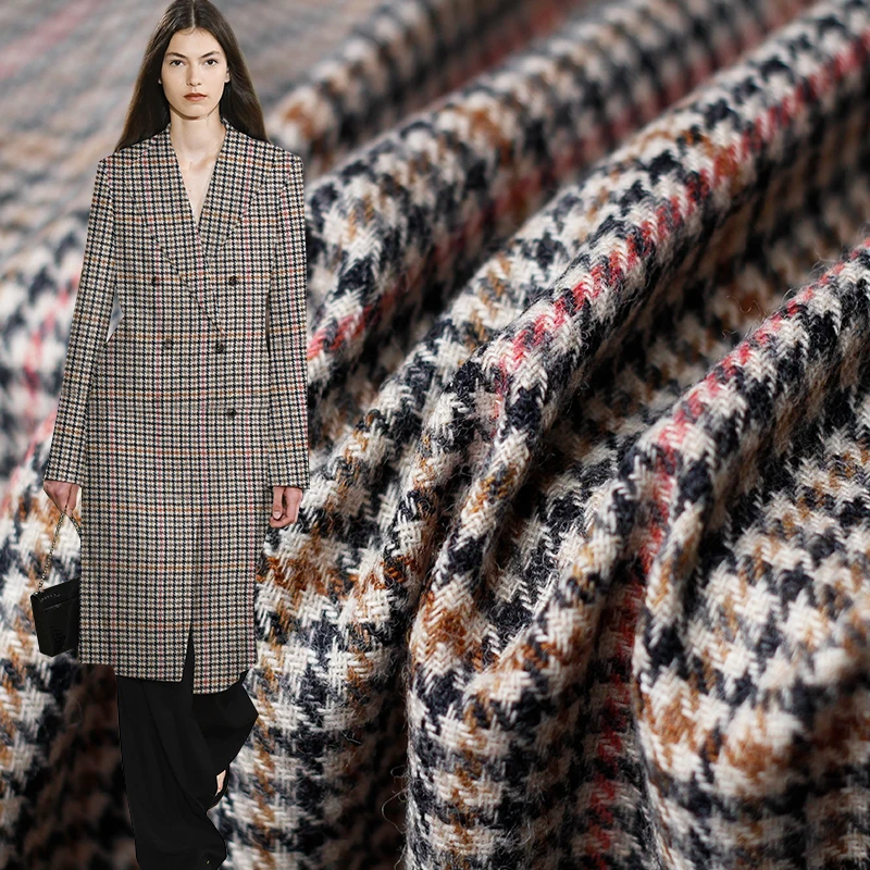 

Pearlsilk red line houndstooth tweed wool Yarn Dyed garment materials autumn jacket DIY clothes fabrics Freeshipping