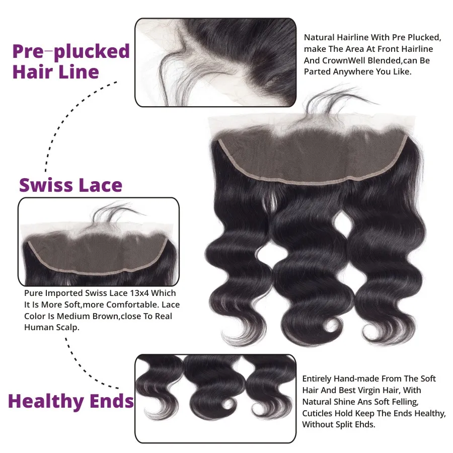Brazilian Body Wave 2/3 Bundles With Lace Frontal Closure 13x4 Ear to Ear Hair Weave Bundles Alidoremi Non remy Human Hair