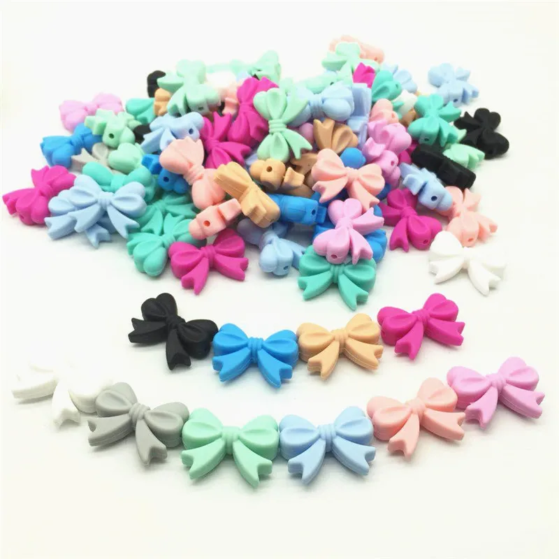 

10 PCS BPA Free Silicone Bow Tie Teether Beads DIY Baby Shower Teething Montessori Sensory Toy Bow-Knot Accessories Loose Beads