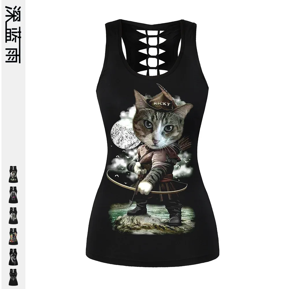 

Cat Number Printing Reveal Back Hollow Out Small Vest Motion Comfortable Rendering Unlined Upper Garment