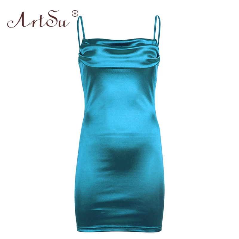 

ArtSu Slash Neck Bustier Sexy Silk Satin Spaghetti Strap Red Dress Women Summer Backless Mini Dress Bodycon Club Party Vestidos