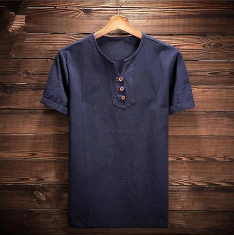 Льняные рубашки с коротким рукавом, мужские традиционные китайские льняные рубашки с v-образным вырезом, тонкие повседневные льняные рубашки для мужчин размера плюс M-6XL - Цвет: navy blue