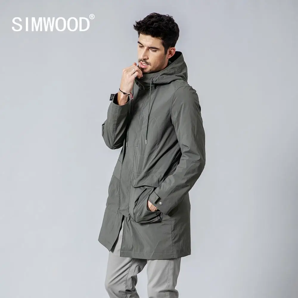 

SIMWOOD 2019 autumn Winter New Long Jackets Men Slim Fit Fashion Pocket Hooded Trench Coats High Quality Brand Clothing JK017013