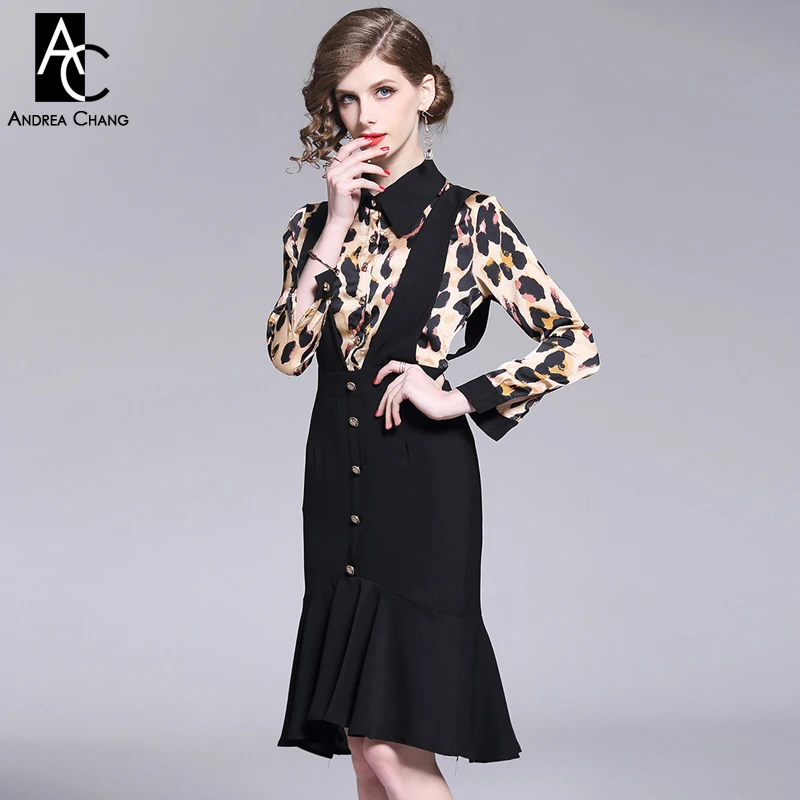 M-XXL spring summer woman dress black collar shoulder strap leopard pattern top sexy office ruffled bottom | Женская одежда