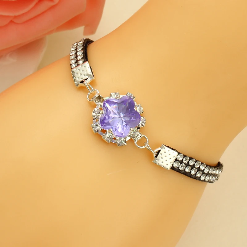 

Hesiod new trendy purple natural stone charm bracelets full crystal leather rope chain women bracelet