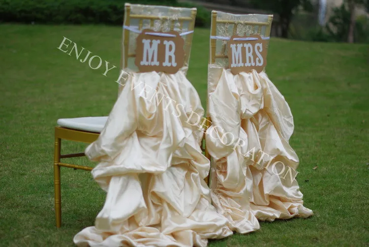 YHC#146-6 fancy elegant embroidery ruffled wedding bridal chair back cover polyester banquet wedding chiavari chair back covers
