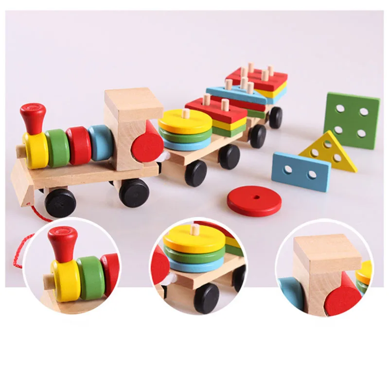

Baby Wooden Toys Trailer Stacking Shape Geometry Train Colorful Congnitive Educational Blocks Gifts For Children AN88