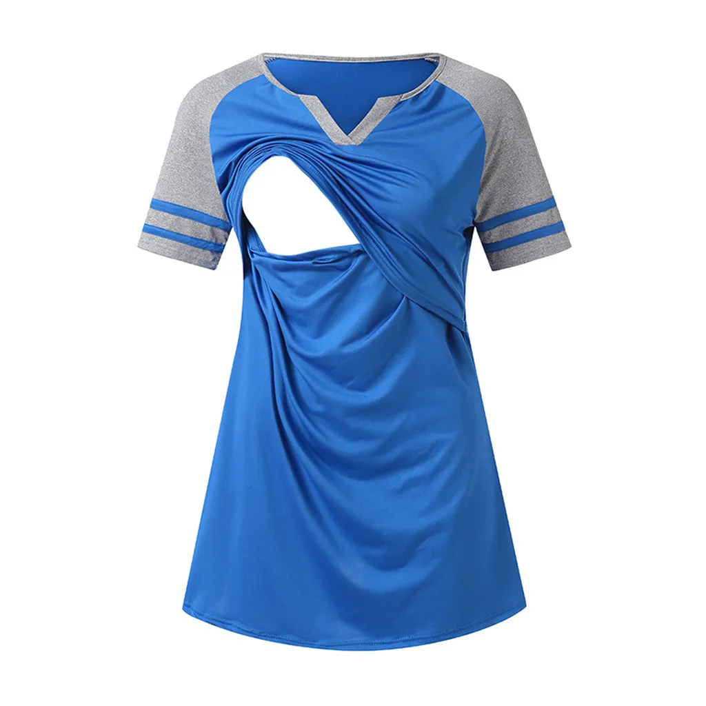 MUQGEW одежда для грудного вскармливания одежда для матерей для женщин короткий рукав рубашка для грудного кормления цвет блок кормящих Топы - Цвет: Синий