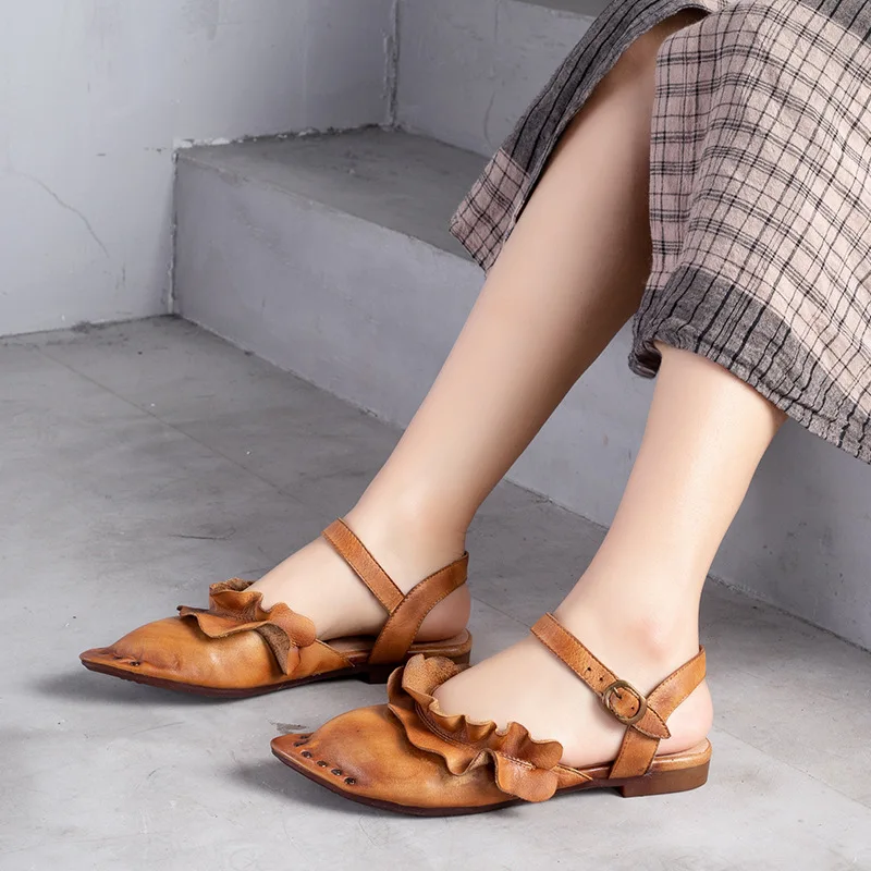 GKTINOO/женские кожаные сандалии; летние туфли с острым носком на низком каблуке; женские босоножки из натуральной кожи; обувь ручной работы в стиле ретро; коллекция года; женская обувь