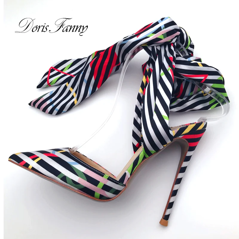 Doris Fanny 2019 New Arrival Summer ladies high heels printed Ankle strap Silk Women Heels Wedding Party Shoes