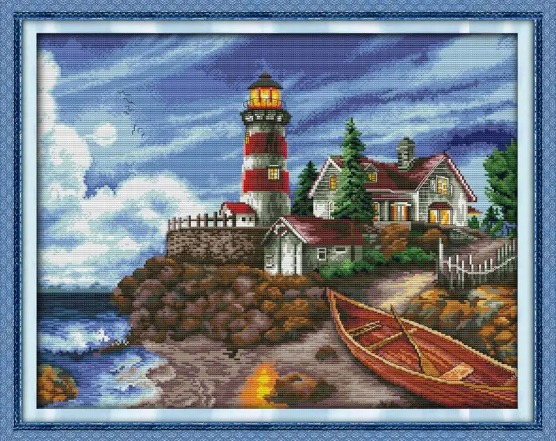 The seaside lighthouse 3 DMC Cross Stitch 11CT14CT DIY Needlework