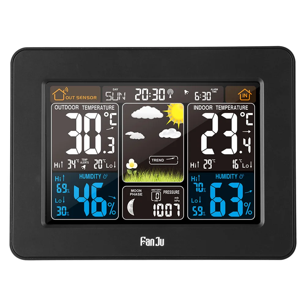 FanJu будильник цифровые часы датчик температуры и влажности барометр Метеостанция электронный стол настольные часы - Цвет: Black