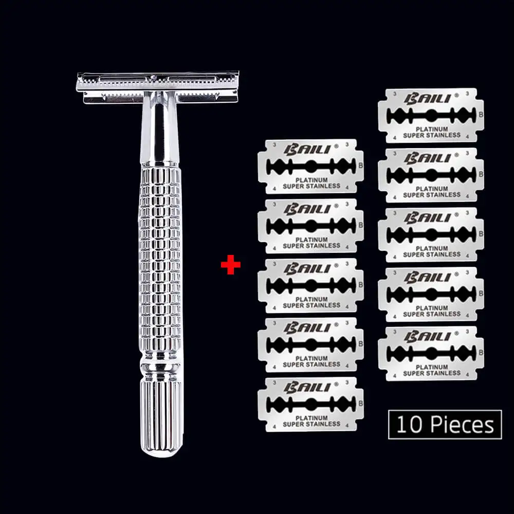 Бритва для бритья с двойным краем из нержавеющей стали для мужчин, бритвенные лезвия для лица, бритвенный станок, импортное лезвие - Цвет: 1 razor 10gift heads