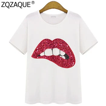 

M-5XL New Fashion WOMEN's Summer Tops Girls Shining Sequins Red Green Lip Pattern T-shirts Over Size Loose Cotton Tops SY2009