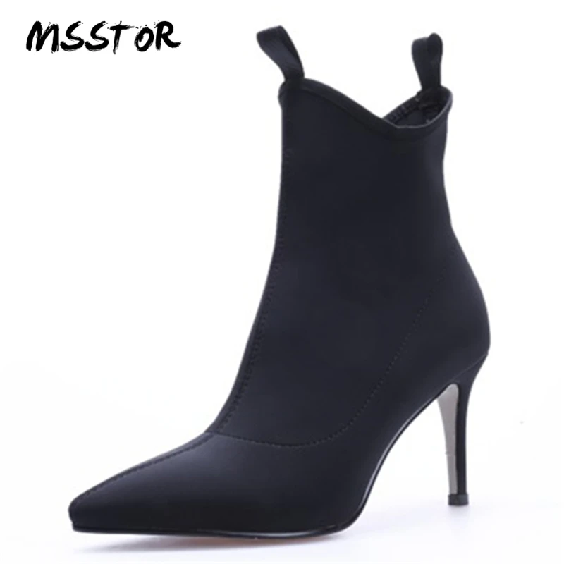 

MSSTOR Pointed Toe Women Pumps Thin Heels Fashion Sexy Autumn Black High Heels Boots Women Stiletto Sewing Ankle Boots For Women