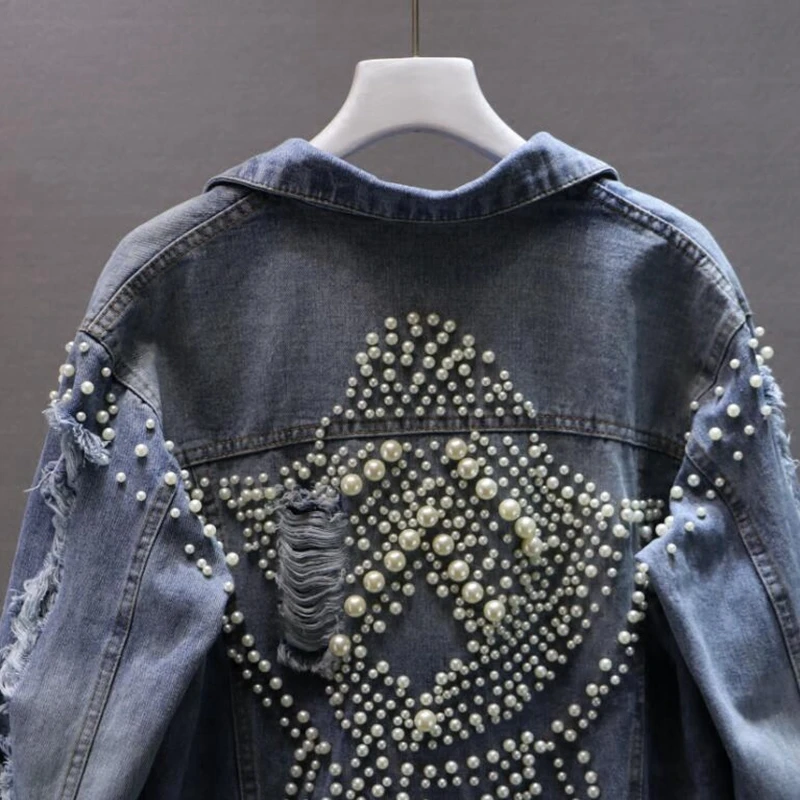 awesome Luxury Pearls Denim coat Punk Rock Jeans jacket 2018 New Beading Hip Hop Holes Coat Big Size Coats