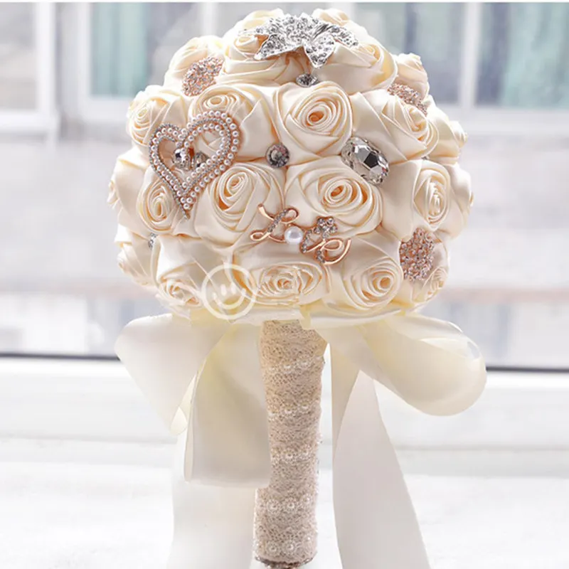 

Wedding Bouquet Diamond Bride Holding Bouquets Artificial Roses Flowers Adorn Pearls Silk Ribbon Rose Wedding Gift
