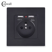 Coswall черная алюминиевая металлическая панель, двойной usb порт для зарядки 2.1A 16A, французская стандартная настенная розетка, розетка R12 серии
